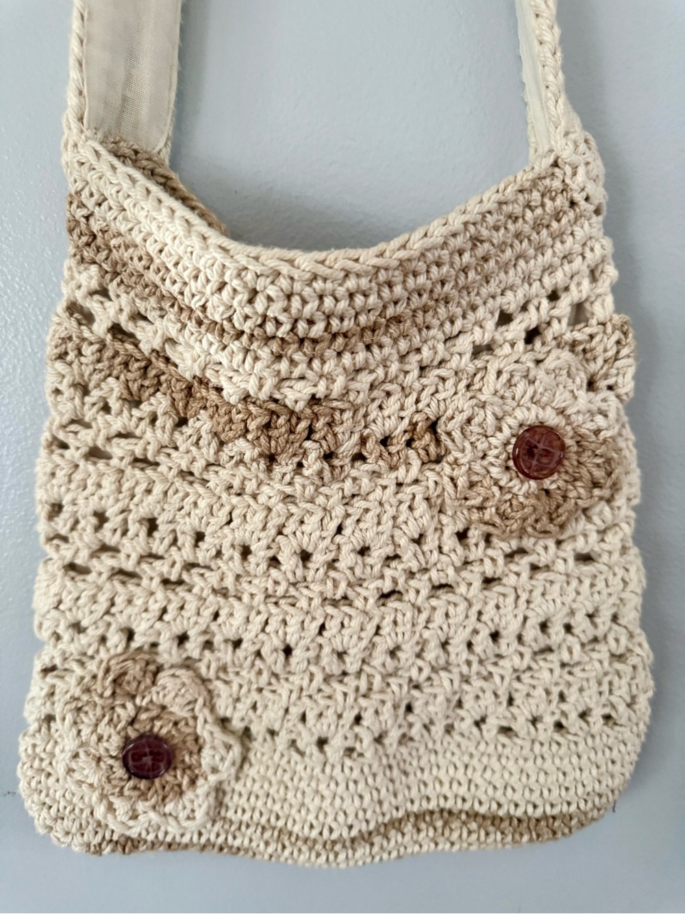 Boho Crochet Crossbody Bag Cream Flower Applique Cottagecore